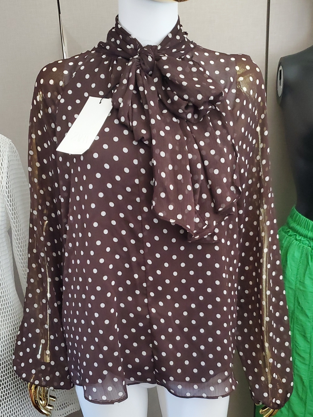 NWT Zara Brown Polka Dot Bow Neck Blouse - Medium
